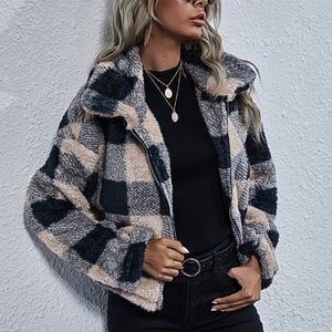 Cozy tan plaid zipper teddy jacket coat Shacket